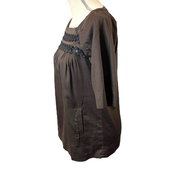 Sandro Paris Brown Black Embroidery Boatneck Elbow Sleeve Cotton Top (4) - Picture 7 of 14